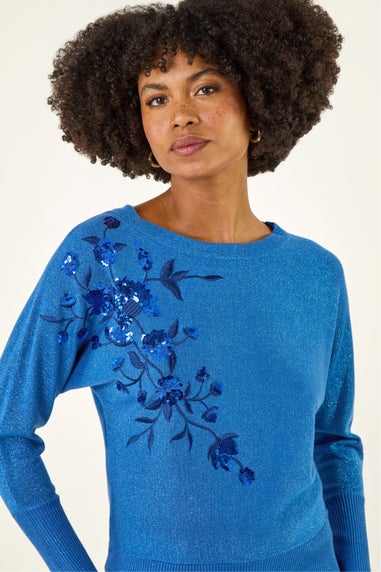 Roman Blue Floral Sequin Knit Jumper
