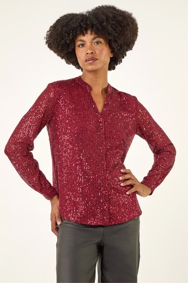 Roman Bordeaux Sequin V-Neck Stretch Blouse
