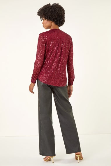 Roman Bordeaux Sequin V-Neck Stretch Blouse