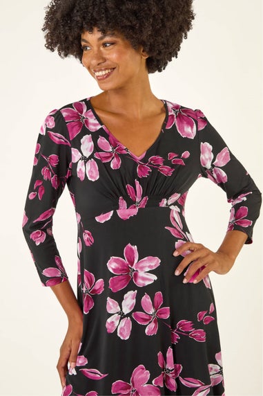 Roman Magenta Floral Print Gathered Stretch Midi Dress