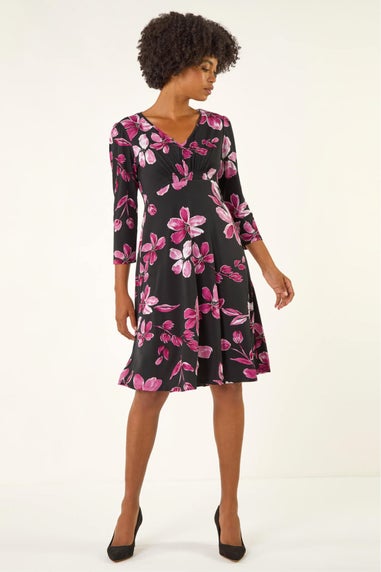 Roman Magenta Floral Print Gathered Stretch Midi Dress