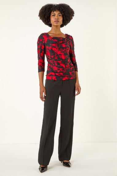 Roman Red Printed Cowl Neck Stretch Top