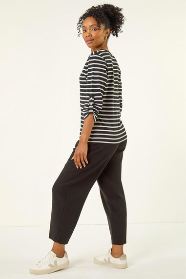 Roman Black Petite Stripe V-Neck Button Top