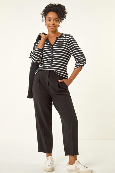 Roman Black Petite Stripe V-Neck Button Top