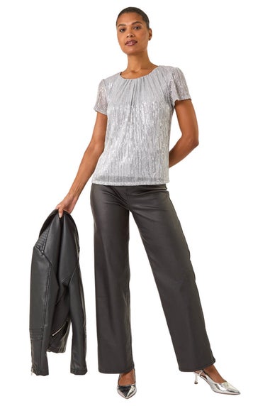 Roman Silver Metallic Sequin Plisse Top