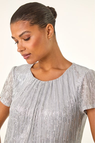 Roman Silver Metallic Sequin Plisse Top