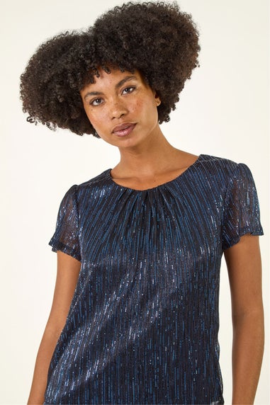 Roman Navy Metallic Sequin Plisse Top