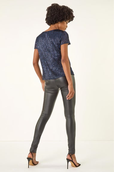 Roman Navy Metallic Sequin Plisse Top