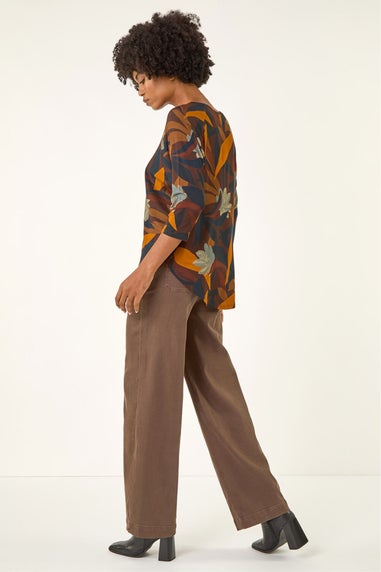 Roman Rust Floral Print Curved Hem Top