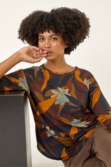 Roman Rust Floral Print Curved Hem Top
