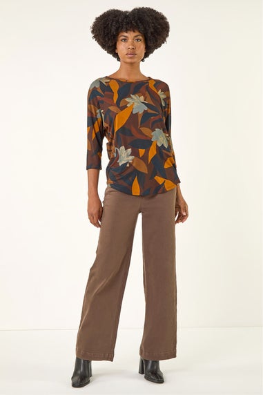 Roman Rust Floral Print Curved Hem Top