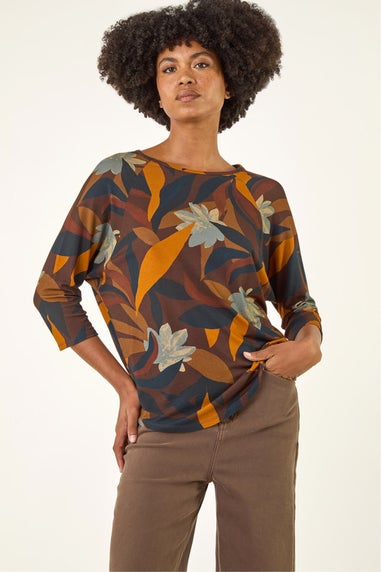 Roman Rust Floral Print Curved Hem Top