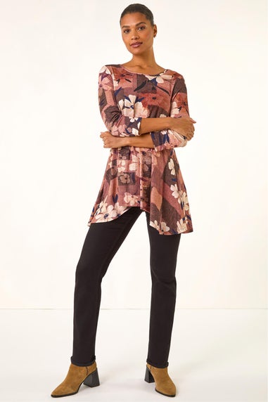 Roman Brown Floral Print Hanky Hem Stretch Top