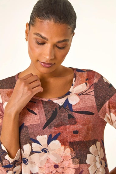 Roman Brown Floral Print Hanky Hem Stretch Top