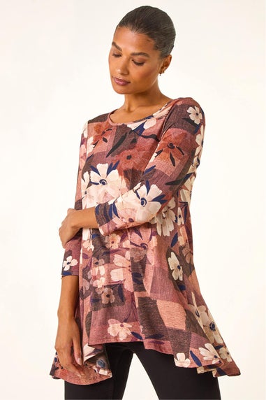 Roman Brown Floral Print Hanky Hem Stretch Top