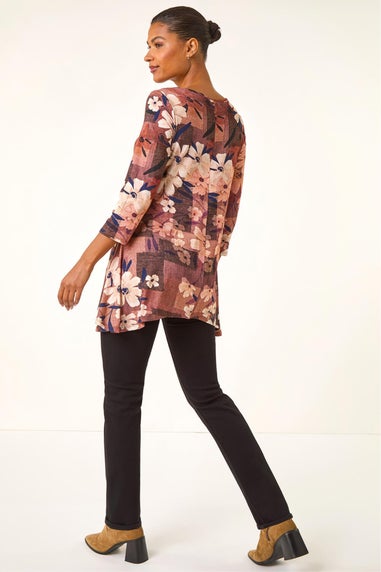 Roman Brown Floral Print Hanky Hem Stretch Top