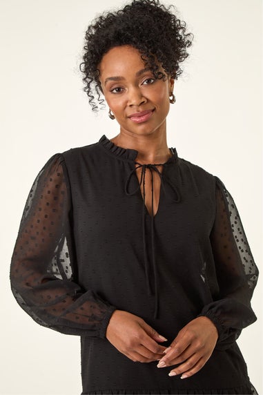 Roman Black Petite Frill Tie Front Lace Dress