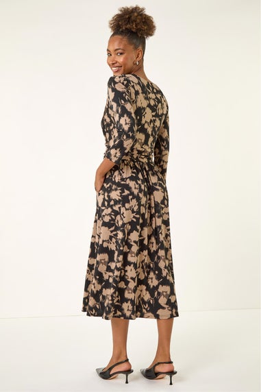 Roman Taupe Abstract Floral Print Wrap Midi Dress