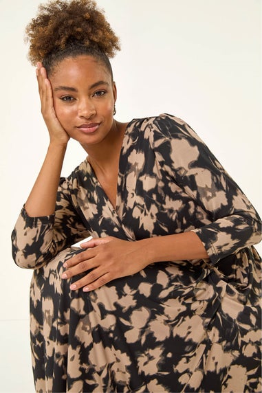 Roman Taupe Abstract Floral Print Wrap Midi Dress