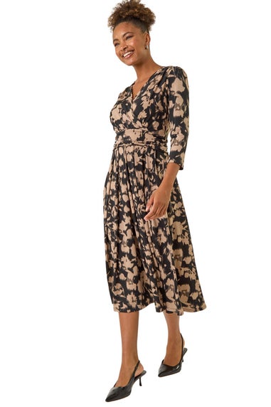 Roman Taupe Abstract Floral Print Wrap Midi Dress