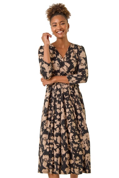 Roman Taupe Abstract Floral Print Wrap Midi Dress