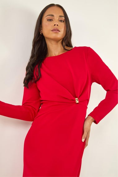 Roman Red Petite Gathered Stretch Midi Dress