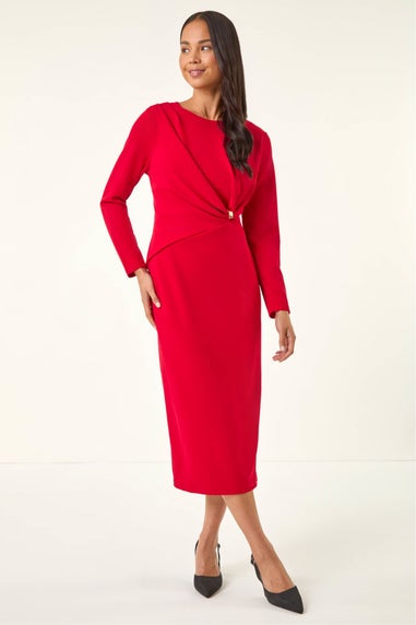 Roman Red Petite Gathered Stretch Midi Dress