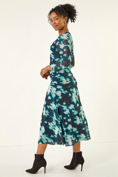 Roman Teal Petite Print Mesh Ruched Midi Dress