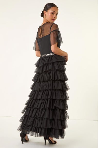 Roman Black Petite Embellished Mesh Tiered Dress