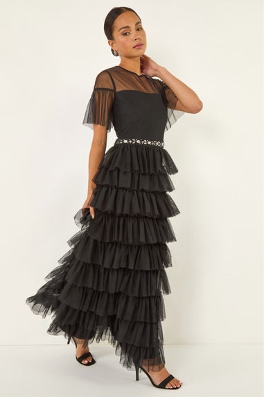 Roman Black Petite Embellished Mesh Tiered Dress