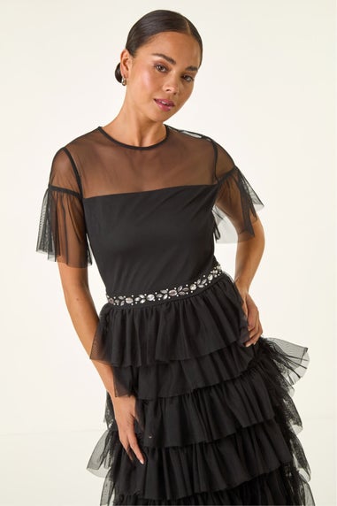 Roman Black Petite Embellished Mesh Tiered Dress