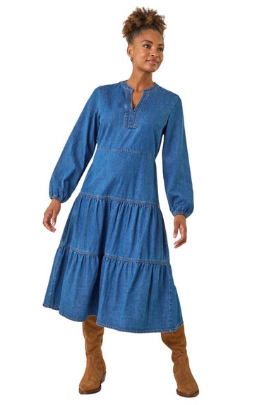 Roman Denim Cotton Denim Tiered Midi Dress