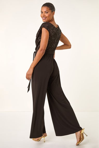 Roman Chocolate Sequin Bodice Cowl Neck Jumpsuit