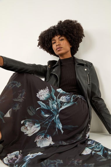 Roman Black Floral Print Mesh Layered Skirt