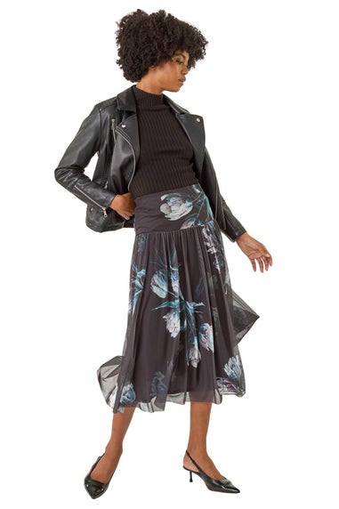 Roman Black Floral Print Mesh Layered Skirt