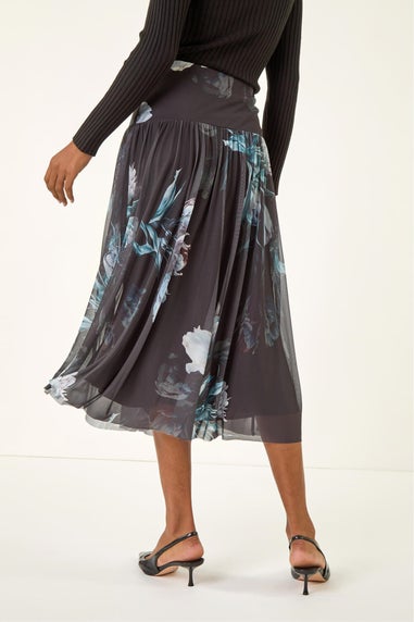Roman Black Floral Print Mesh Layered Skirt