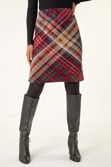 Roman Red Check Print Stretch Pencil Skirt