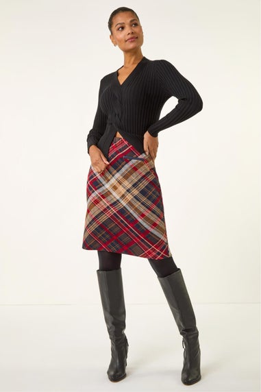 Roman Red Check Print Stretch Pencil Skirt