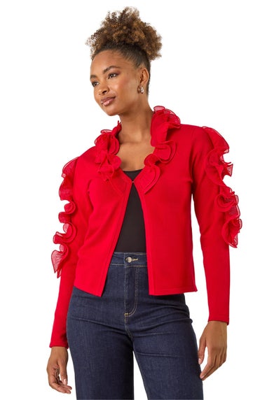 Roman Red Ruffle Contrast Knit Cardigan