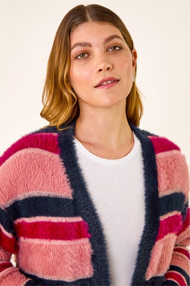 Roman Pink Fluffy Stripe Knit Cardigan