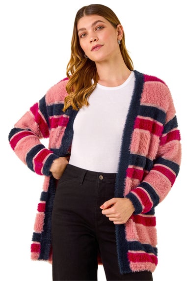 Roman Pink Fluffy Stripe Knit Cardigan