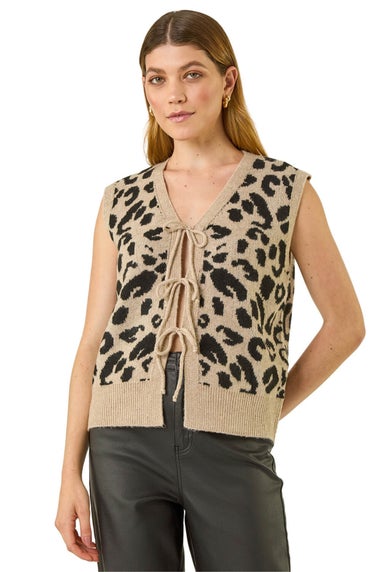 Roman Tan Animal Print Tie Front Knit Top