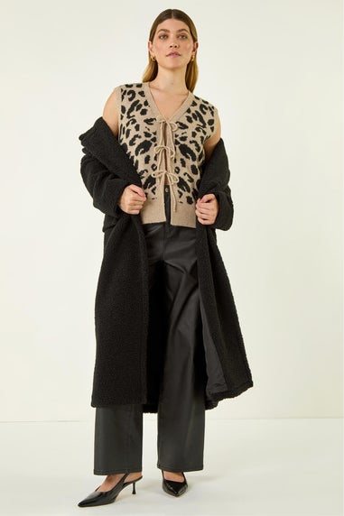 Roman Tan Animal Print Tie Front Knit Top