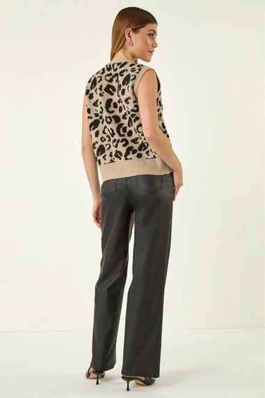 Roman Tan Animal Print Tie Front Knit Top
