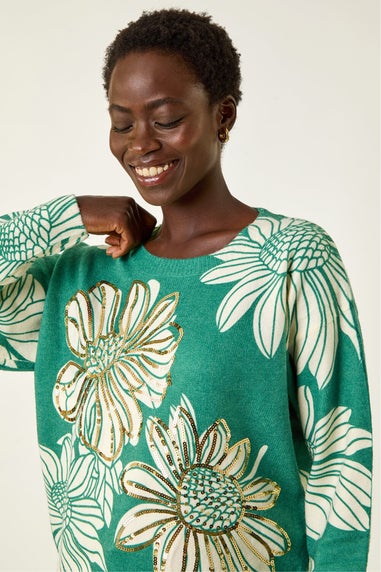 Roman Green Floral Crew Neck Knit Jumper