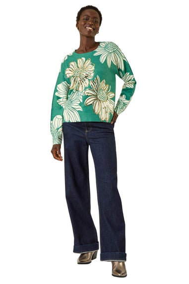 Roman Green Floral Crew Neck Knit Jumper