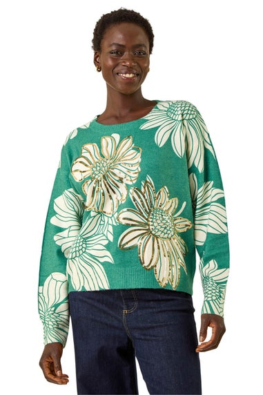 Roman Green Floral Crew Neck Knit Jumper