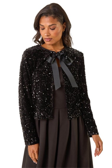 Roman Black Sequin Bow Front Jacket
