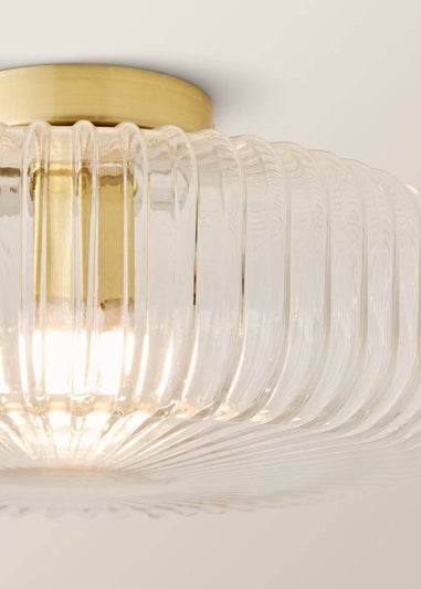 ValueLights Calpe Large Brass Ceiling Light Ribbed Smoked Shade