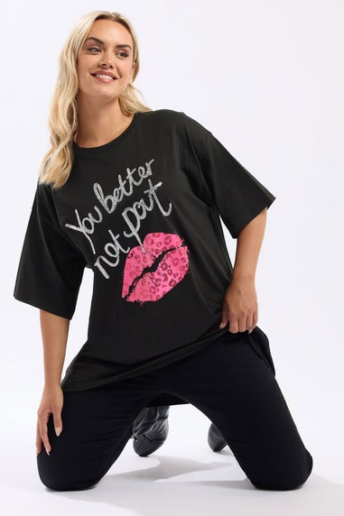 Yours Curve Black Sequin 'You Better Not Pout' Novelty T-Shirt